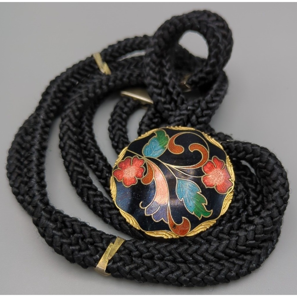 Vintage 1980s Stretch Cord Belt Hook‎ Floral Cloisonne Buckle